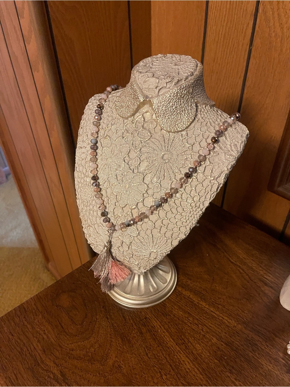 Beaded Tassel Necklace in Pink and Gray
